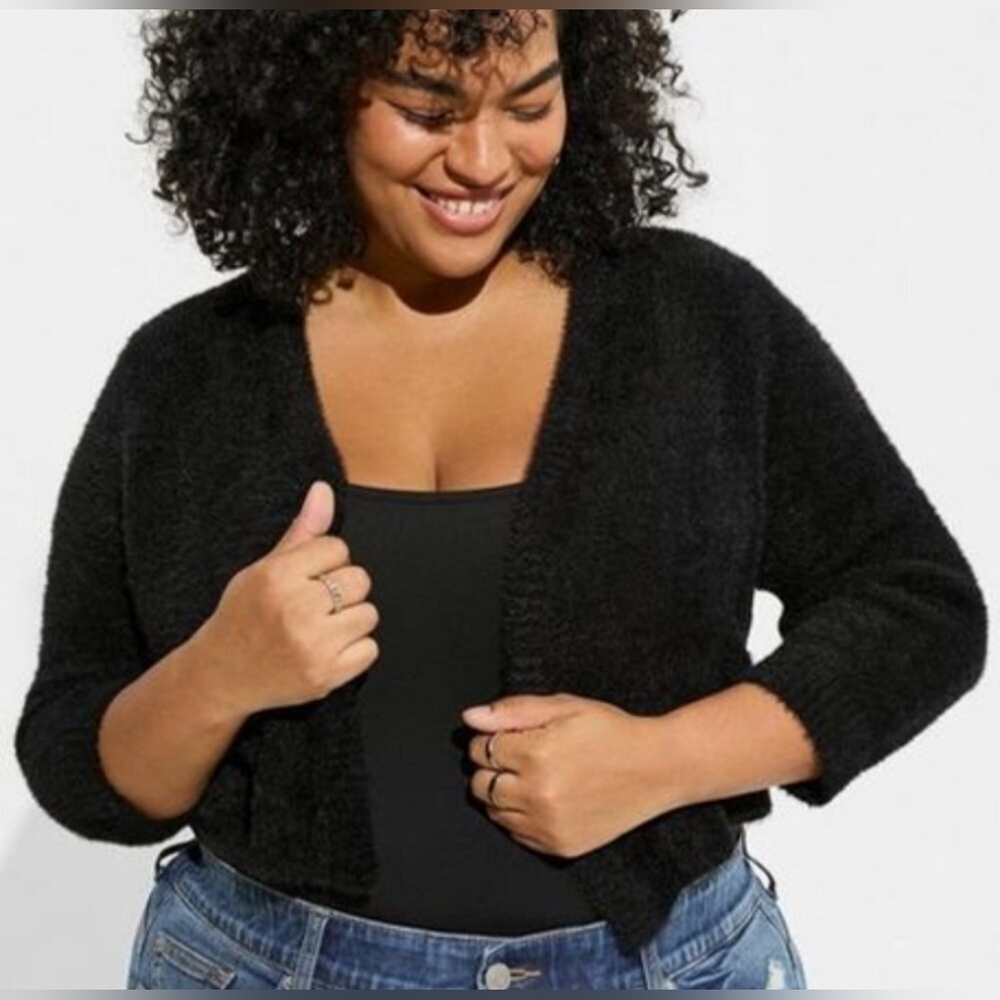 Cropped Black Eyelash Fuzzy Cardigan Sweater - Torrid - 5X